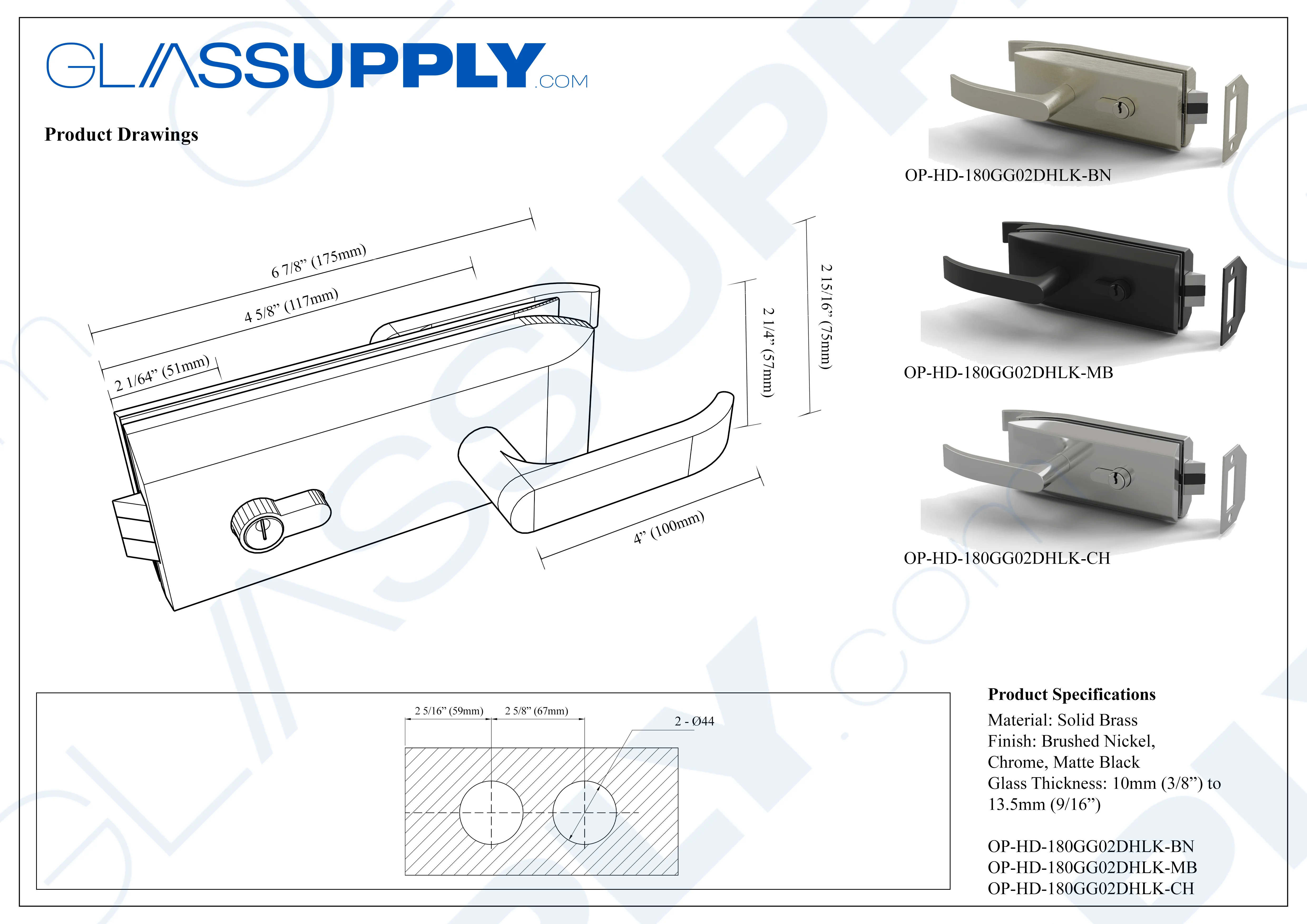 Glass to Wall Door Handle Latch Kit with Key