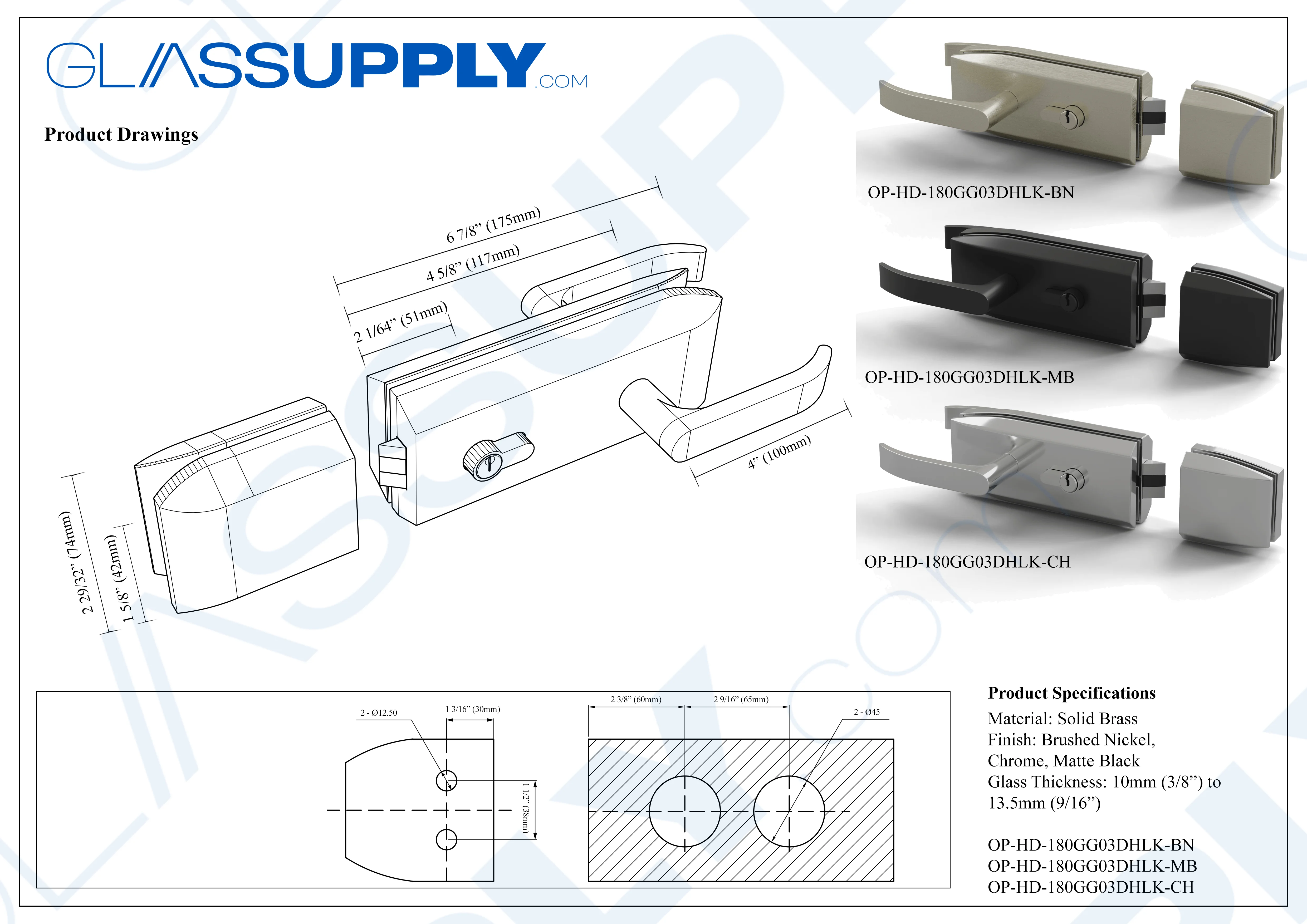 Glass to Glass Door Handle Latch Kit with Key